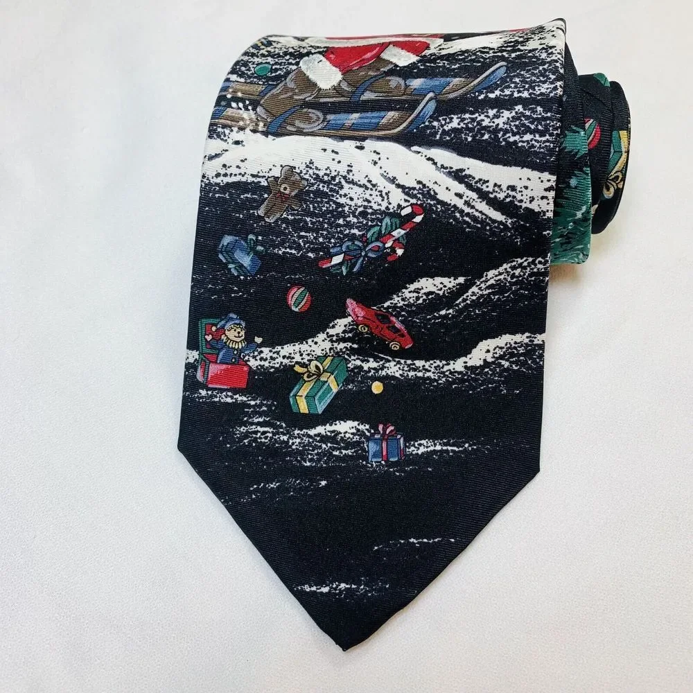 Louis Feraud Christmas Silk Necktie Tie Santa Claus Skis Skiing Outdoorsy Office